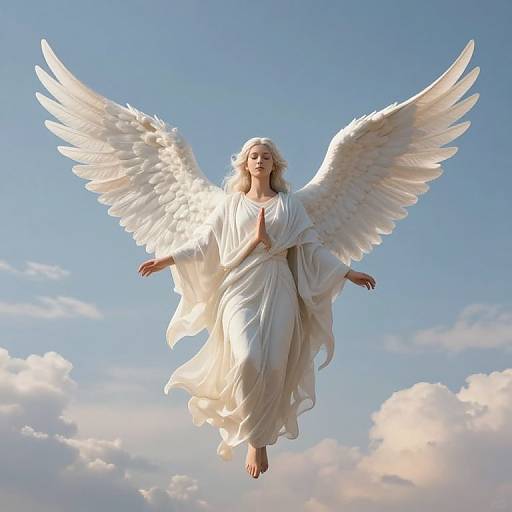 Photograph of a serene, white-winged angel with flowing white robes, floating mid-air against a bright blue sky with fluffy clouds.
