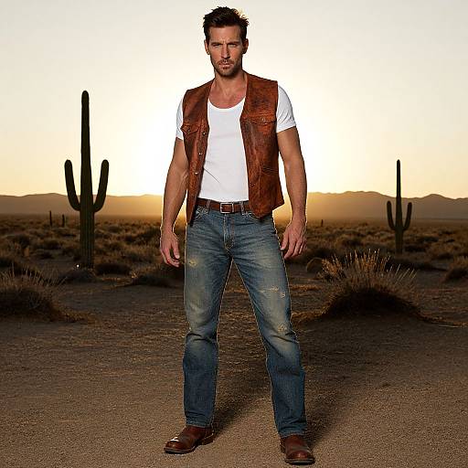 Photograph of a muscular man with short dark hair, bearded, wearing a white t-shirt, brown leather vest, blue jeans, and brown boots