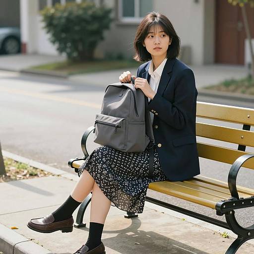 Asian Woman in Navy Blazer Outdoors