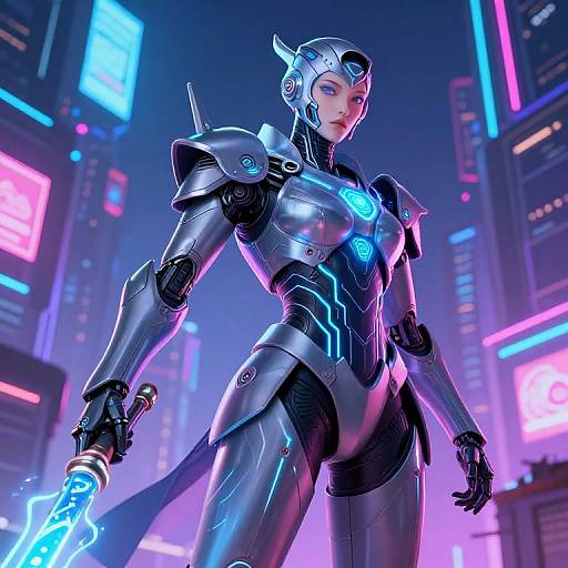 CGI cyberpunk female warrior in sleek, metallic armor with glowing blue accents, holding a neon blue sword, standing in a neon-lit futuristic city