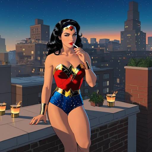 Wonder Woman Smoking on Rooftop at Sunset