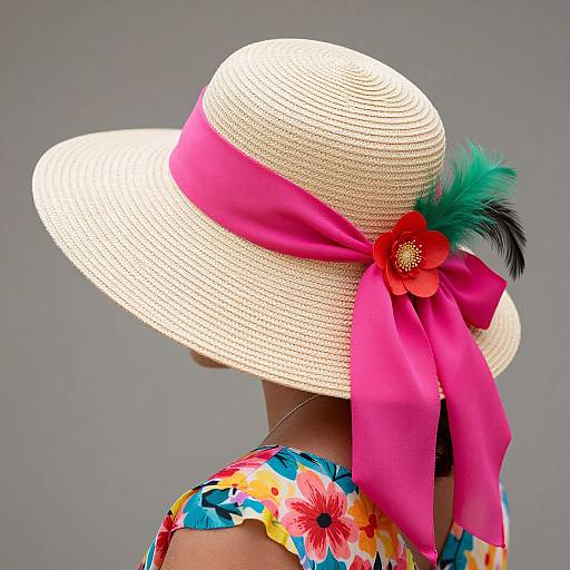 Photograph of a woman wearing a wide-brimmed, white straw hat with a vibrant pink ribbon, red flower, and green feather, against a