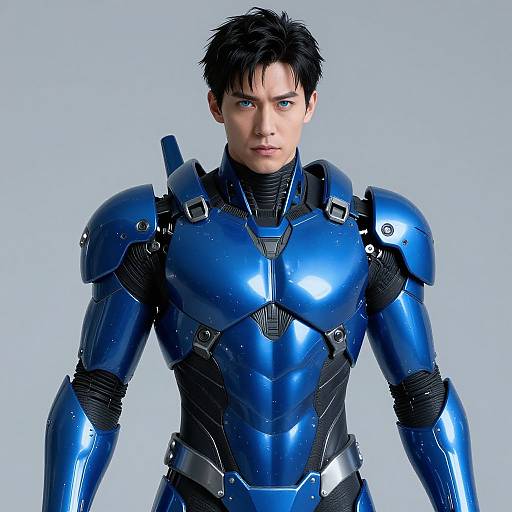 Photorealistic CGI of a handsome Asian man with short black hair, wearing shiny blue futuristic armor with black accents, standing against a light gray background.