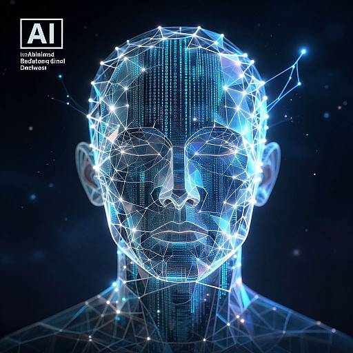 Digital CGI of a glowing, wireframe human face with blue neon lights against a dark background. 