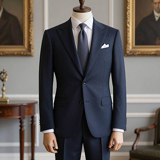 Photograph of a tailored, dark blue suit on a headless mannequin in a formal room, with framed portraits and classic furniture.