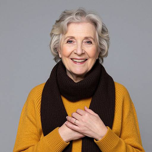 Photograph of an elderly woman with short gray hair, smiling, wearing a yellow sweater, black scarf, and gray background.