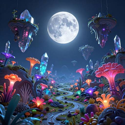 Digital CGI fantasy landscape: glowing neon mushrooms, colorful crystals, floating spaceship-like structures, winding path, full moon, night sky, vibrant biolumines
