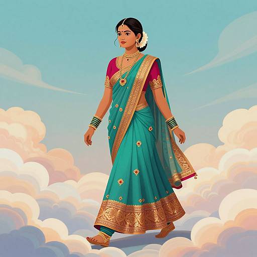 Digital illustration of an Indian woman in a turquoise and gold traditional saree, adorned with jewelry, walking on clouds against a blue sky.