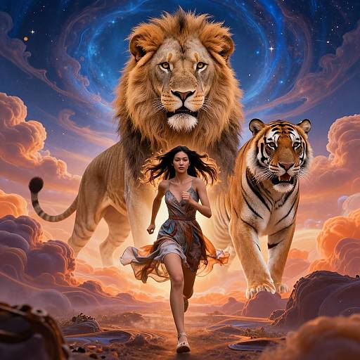 Digital fantasy artwork: A brave woman with flowing black hair runs between a majestic lion and a fierce tiger, surrounded by vibrant clouds and a starry,