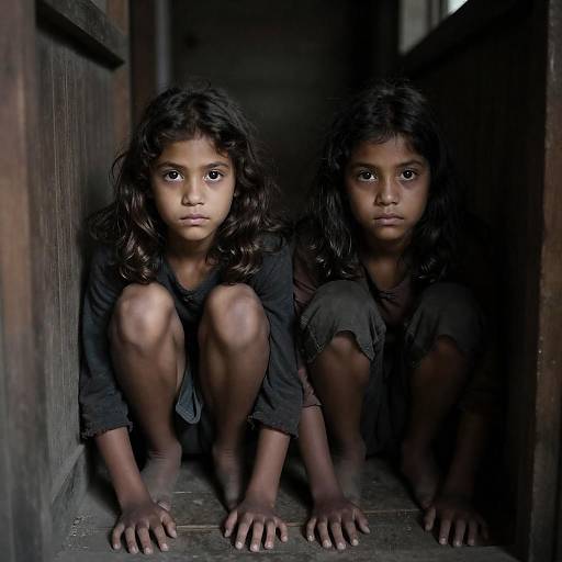 Crouching Girls in Dim Wooden Corridor