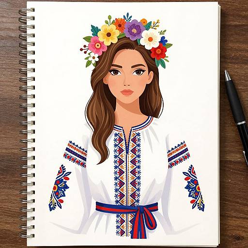 Digital drawing of a brown-haired woman with a flower crown, wearing a white embroidered blouse with blue and red patterns, on a spiral-bound sketchpad.