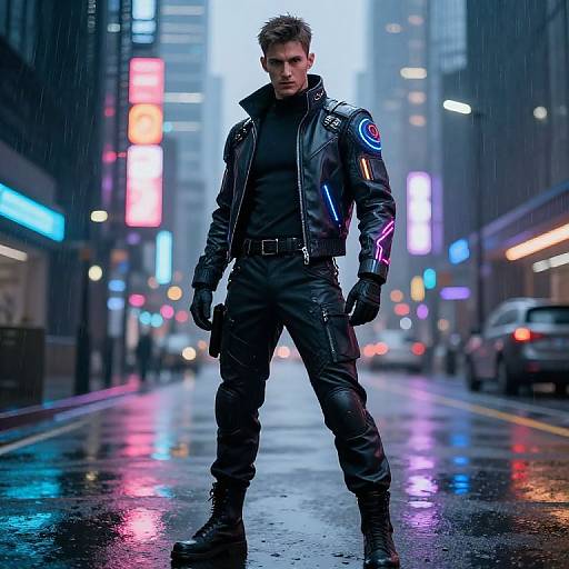 Confident Male in Neon Cyberpunk City