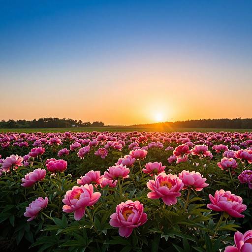 Sunlit Pink Peony Field at Sunset