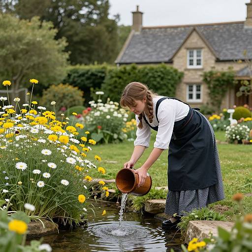 Photograph of a young woman with brown hair in a white blouse and black apron, watering a garden stream with a wooden bucket, surrounded by blo