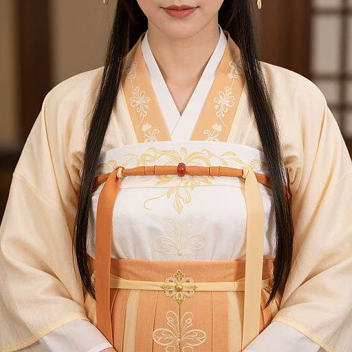 Photograph of an Asian woman with long black hair, wearing an ornate beige and white traditional Korean hanbok with orange floral embroidery and gold accents