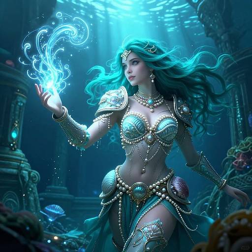 Digital fantasy artwork of a turquoise-haired sorceress in ornate, gold and teal armor, conjuring a glowing blue magical swirl underwater.