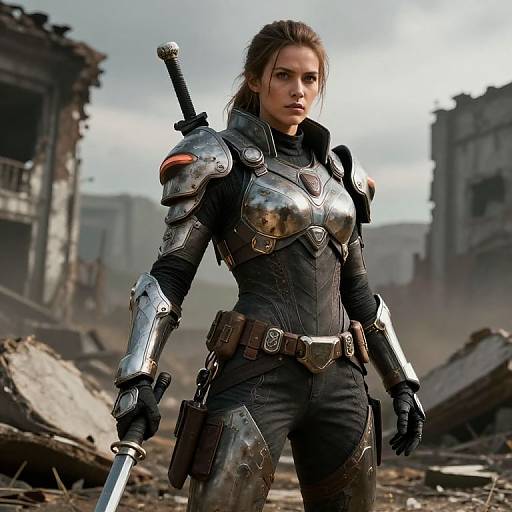 Photorealistic CGI of a determined woman in black tactical armor with silver shoulder and chest plates, holding a sword, standing amidst ruins under a cloudy sky