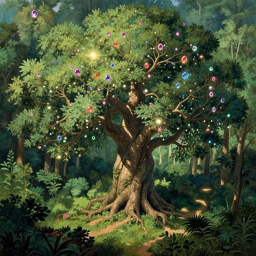 Digital fantasy artwork of a magical tree in a forest, adorned with colorful glowing orbs, sunlight filtering through lush green foliage.