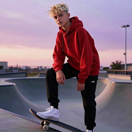 Photograph of a blonde, spiky-haired teenage boy in a red hoodie and black pants, riding a skateboard in a sunset-lit skatepark.