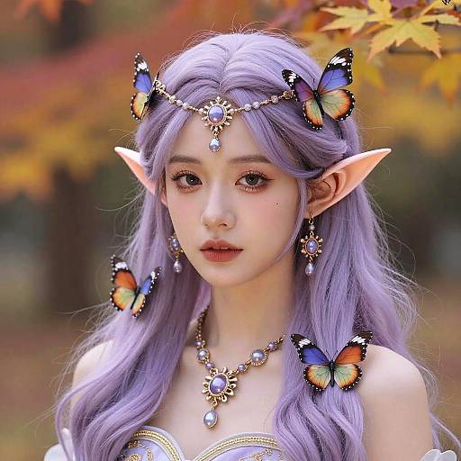 Fantasy Elf Woman with Lavender Hair and Butterflies