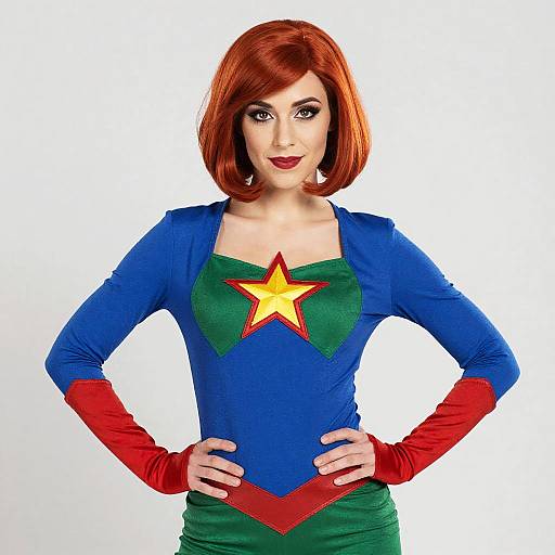 Photograph of a fair-skinned woman with red bob haircut, wearing a blue and green superhero costume with red star, red gloves, and red V