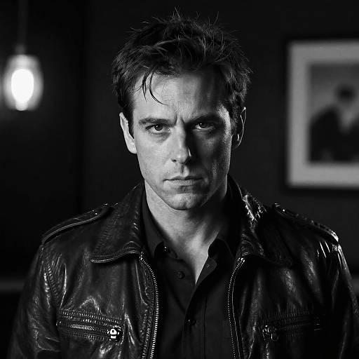 Black-and-white photograph of a serious-looking man with messy dark hair, wearing a shiny leather jacket over a button-up shirt, illuminated by a single bright