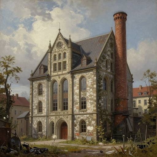 Photorealistic painting of a Gothic-style stone building with a tall red brick chimney, arched windows, and detailed facades, set in a cloudy