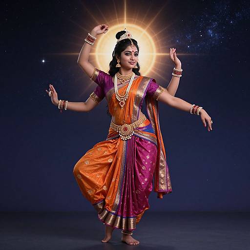 Photograph of a dancing Hindu woman in a vibrant orange and purple saree, adorned with gold jewelry, against a dark starry background with a radiant