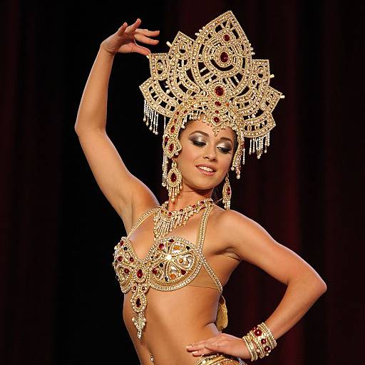 Photograph of a topless dancer with tan skin, wearing an elaborate golden headdress, earrings, and matching jewelry, posing against a black background.