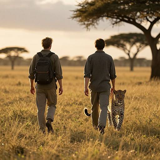 Photograph of two men in safari clothing and backpacks walking through a golden savanna, with a leopard following them, at sunset.