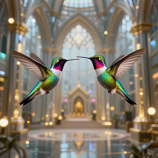 Photograph of two iridescent hummingbirds with green, purple, and red feathers flying in a grand, illuminated, Gothic-style cathedral.