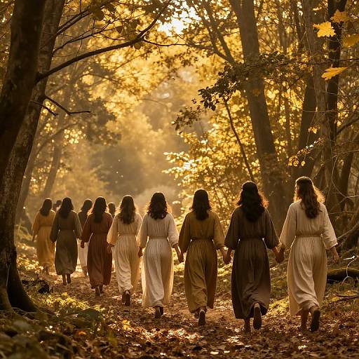 Photograph: Group of women with long hair, in flowing, earth-toned dresses, walk hand-in-hand through a sunlit, autumn forest,