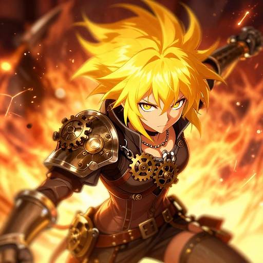 Dynamic anime-style digital artwork of a fierce, blonde-haired warrior with glowing yellow eyes, wearing black armor with gears, surrounded by intense orange flames.