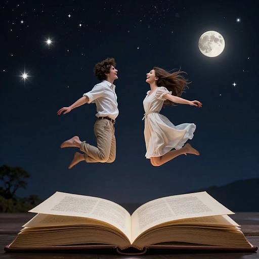 Photograph: A young couple, barefoot, jumping mid-air towards an open glowing book under a starry night sky with a full moon.