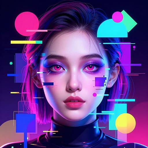 Digital portrait of a young woman with neon pink and blue highlights in her hair, glowing purple eyes, and futuristic geometric overlays. Bright, vibrant colors against