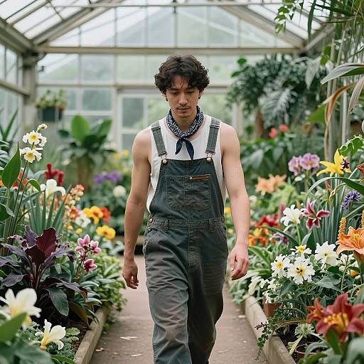 Woman in Glasshouse with Exotic Plants