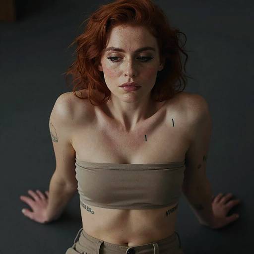 Photograph of a red-haired woman with freckles, wearing a beige tube top, seated against a dark background, visible tattoos on arms and torso