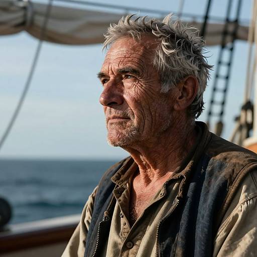 Photograph of an aged, weathered man with gray, tousled hair and wrinkled face, wearing a dusty, open-collared shirt,