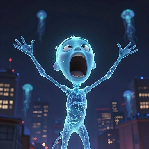 Glowing blue, translucent child-like figure with wide eyes and open mouth, arms raised, surrounded by jellyfish in a futuristic cityscape at night