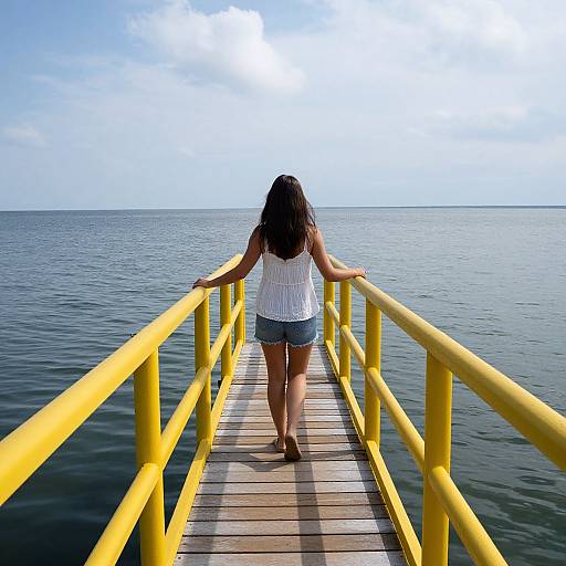 Photograph of a woman with long dark hair, wearing a white sleeveless top and denim shorts, walking on a yellow-railed wooden pier into a