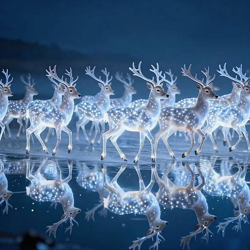 Photograph of glowing white deer with illuminated antlers and spots, standing in a reflective blue water pool at night.