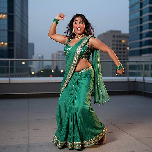 Photograph of an Indian woman dancing on a rooftop at dusk, wearing a green traditional saree with gold trim, matching accessories, and expressive pose against