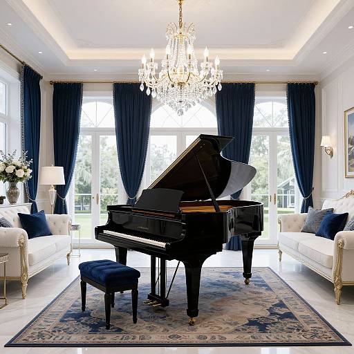 Luxurious living room photograph featuring a black grand piano, crystal chandelier, white sofas, dark blue curtains, and a blue-patterned rug.