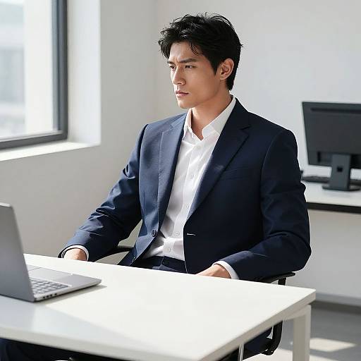 Photograph of a focused Asian man with short, messy black hair in a dark navy suit and white shirt, sitting at a white desk with a laptop