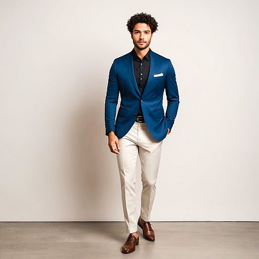 Stylish man in beige blazer and navy trousers