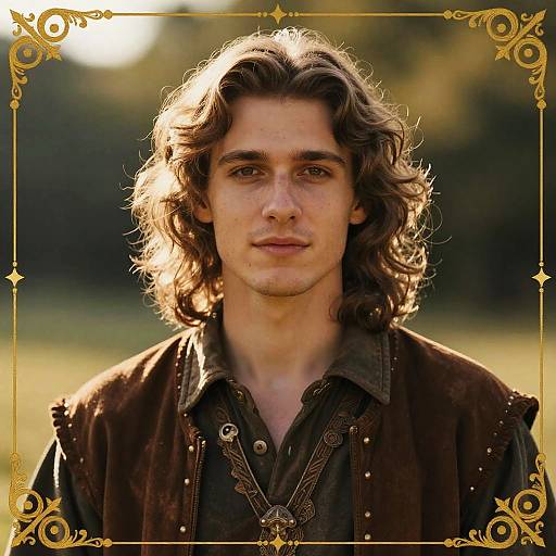 Photograph of a young man with wavy brown hair, wearing a dark brown vest over a black shirt, set against a sunlit, blurred outdoor