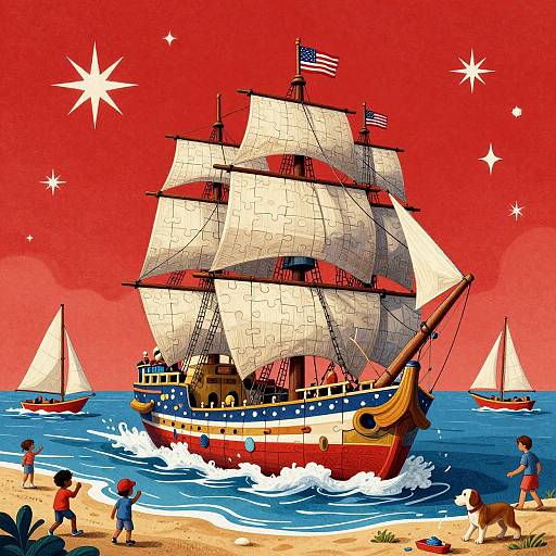 Illustration of a colorful, 18th-century-style ship with white sails and American flags, sailing on vibrant blue ocean under a bright red sky with