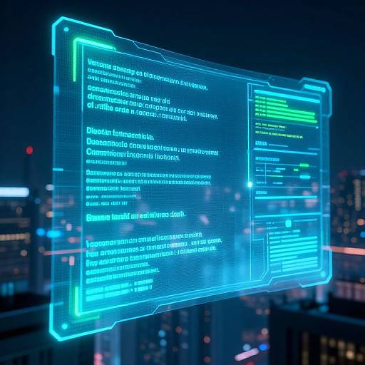 Digital screen displaying glowing blue and green code lines against a nighttime cityscape background with blurred skyscrapers and neon lights.