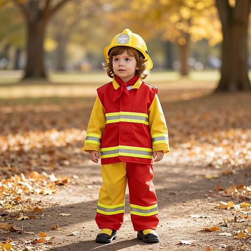 Photograph of a young child in yellow and red firefighter costume, standing on a leaf-covered park path in autumn.