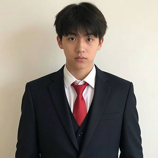Young Asian man in a black suit, white shirt, and red tie, standing against a plain white background. Photograph.